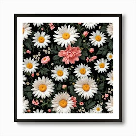 2d Floral Fabric Pattern Consisting Of Daisy And Rose On Black Background 2421929132(1) Art Print