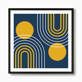 Mid Century Modern Geometric B35 In Navy Blue And Mustard Yellow (Rainbow And Sun Abstract) 02 Art Print