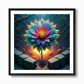 A Surreal Flower Blooming Through Cracked Stone Art Print