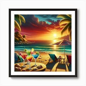 Tropical Beach With Cocktails Art Print