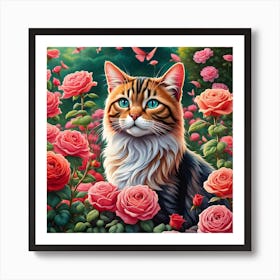 A Cat's Serenade Among the Roses Art Print