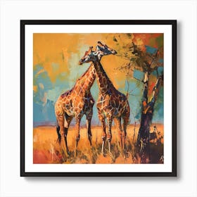 Giraffes Eating Tree Branches Brushstroke 4 Art Print