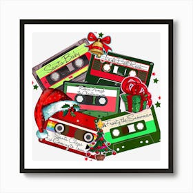 Retro Christmas 90s Music Cassette Tapes Santa Hat Xmas Art Print