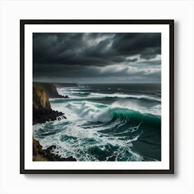 A Dramatic Cliffside Overlooking A Turbulent Ocean With Waves Crashing Against The Rocks 2 Art Print