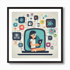 Girl With Laptop And Social Media Icons Art Print