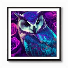 owl with dolphin colors, purple roses 5 Art Print