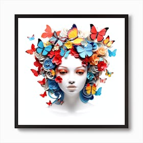 Beautiful Woman With Butterflies On Her Head Art Print