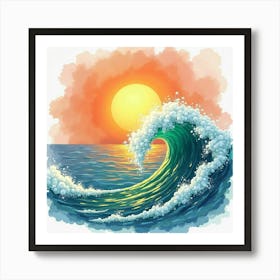 Emerald Ring, Watercolor, Sunset Over Ocean Waves 1 Art Print