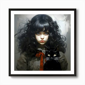 Gothic Grace - A Girl And Her Cat Art Print