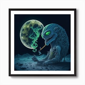 Aliens And The Moon smoking blue red Art Print