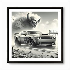 A Pencil Drawing Of A Dodge Demon At A Beach Front Art Print