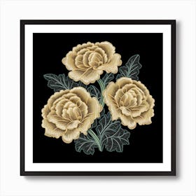 Dark Vintage Line Art of Yellow Flowers Art Print