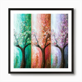 Three different paintings each containing cherry trees in winter, spring and fall 11 Art Print
