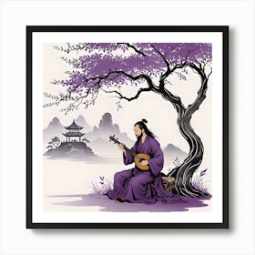 Chinese Landscape With Musician Under A Tree, Purple, Black and White Art Print