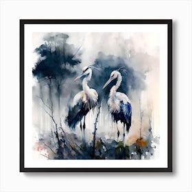 Pair Of Storks Watercolour & Ink Painting Art Print