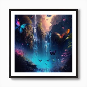 Landscape of Waterfall With Butterflies in tropical colors Art Print