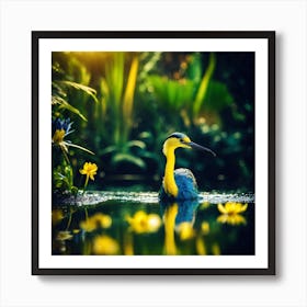 Yellow Necked Blue Bird in Lush Lagoon Art Print