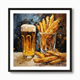 One Beer And French Fries Badge Hand Drawn Oil 0d Art Print