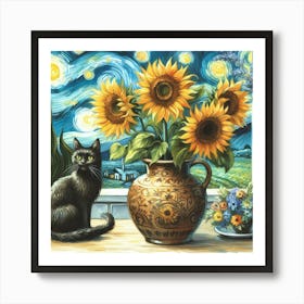 Starry Night watercolor pestel painting Vase With Three Sunflowers With A Black Cat, Van Gogh Inspired Art Print Art Print