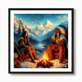 Oil Texture Native American Couple By Stream 5 Copy Art Print