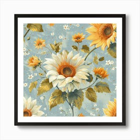 Sunflowers On A Blue Background Art Print