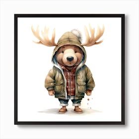 Watercolour Cartoon Moose In A Hoodie 2 Art Print