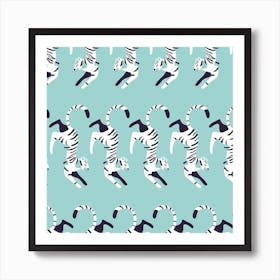 Prancing White Tiger Pattern On Blue Square Art Print
