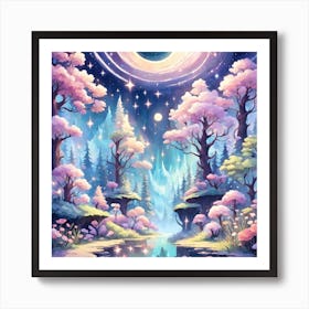 A Fantasy Forest With Twinkling Stars In Pastel Tone Square Composition 22 Art Print