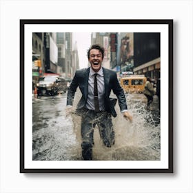 Businessman Running Through Puddle Art Print