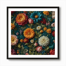 Flowers On A Blue Background Art Print