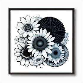 Hand Draw Colorful Flower Free Photos and Background, Black And White Flowers Art Print