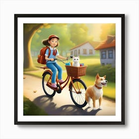 Girl Riding A Bike With Dog Art Print