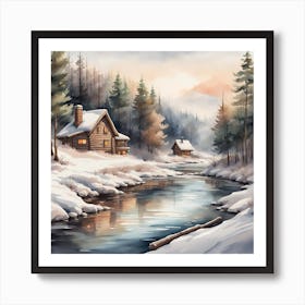 Winter Cabin By The River Art Print