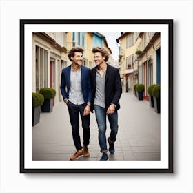 Two Men Walking Down A Street Art Print