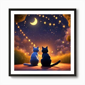 Two Cats Looking At The Moon Art Print