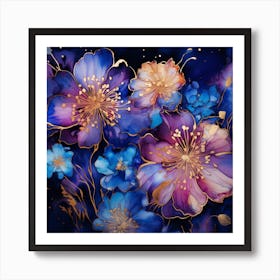 Watercolor Flowers On A Black Background Art Print