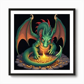 Dragon Curled Around A Treasure Hoard, Eyes Glowing 1 Art Print