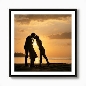 Couple Kissing At Sunset Art Print