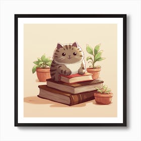 Adorable Cat Sitting On Books Surrounded by Plants Art Print