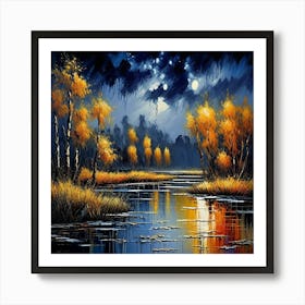 Moonlight At The River Art Print