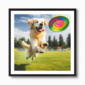 Golden Retriever Dog Jumping For Frisbee Affiche