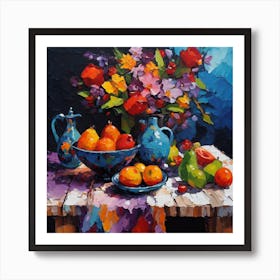 Garden Flowers, Fruit and Blue Pottery on Rustic Table Art Print