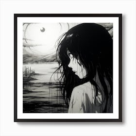 Girl Looking At The Moon black and white manga Junji Ito style creepy Art Print