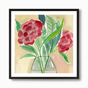 Two Red Flowers In A Glass Vase - square floral beige red green Art Print