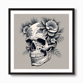 Long Vertical Tattoo Flash Design Of A Skull Wit Art Print