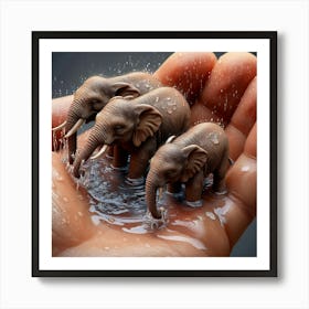 Elephants In Water 2 Art Print
