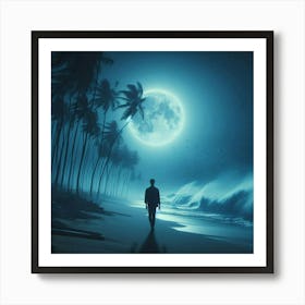 Man Walking On The Beach At Night 1 Art Print