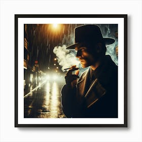 Man Smoking A Cigarette In The Rain Art Print