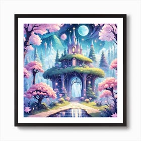 A Fantasy Forest With Twinkling Stars In Pastel Tone Square Composition 186 Art Print