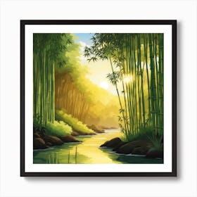 A Stream In A Bamboo Forest At Sun Rise Square Composition 153 Art Print